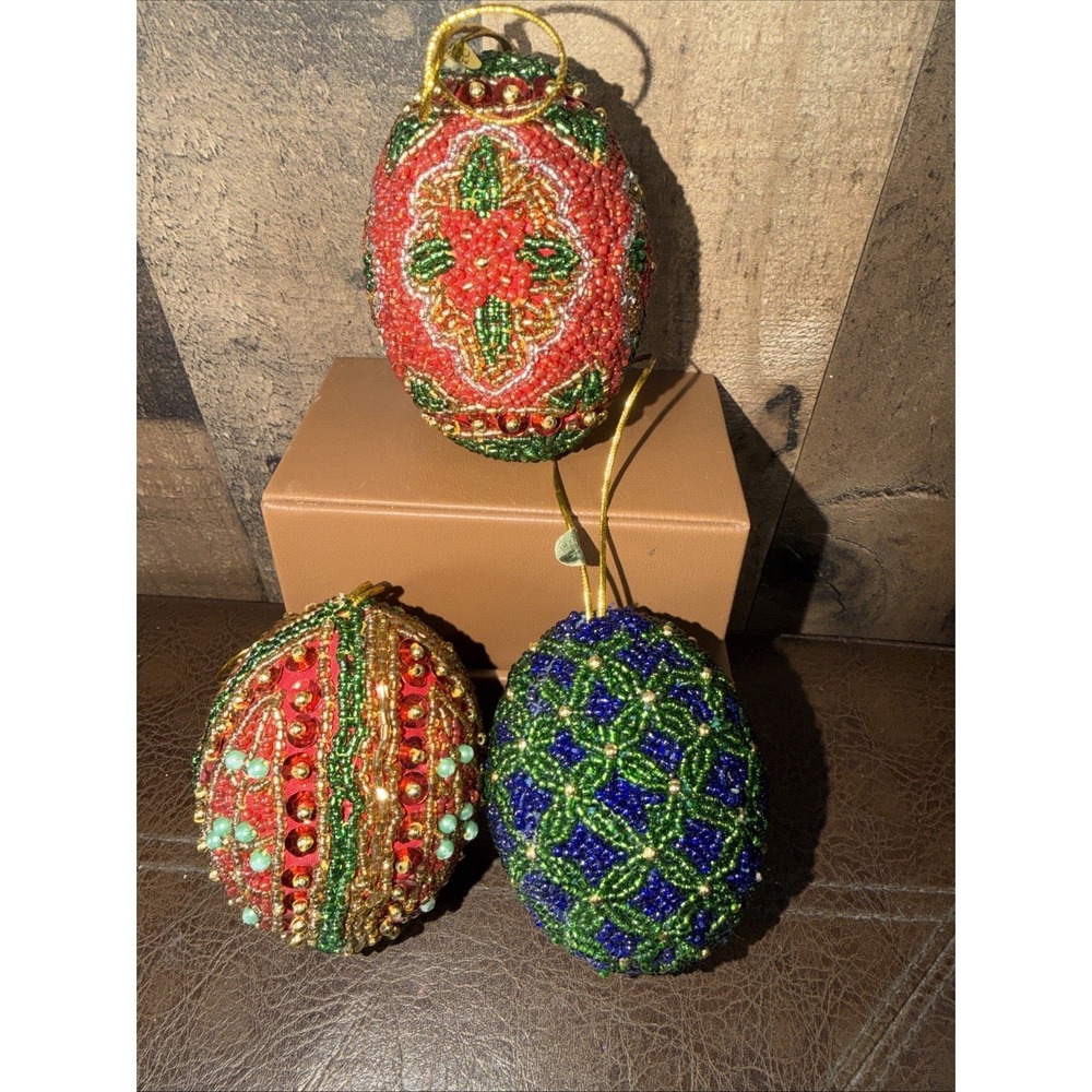 Vintage Beaded Egg Ornaments Set of 3 – Handcrafted Christmas Easter Decor
